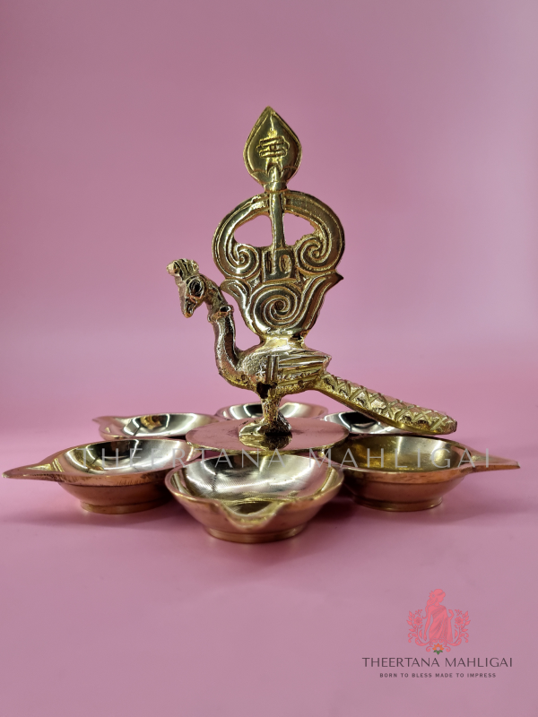 5-Inch Brass Om Vel Mayil Arumuga Vilakku (Six-Wick Diya)