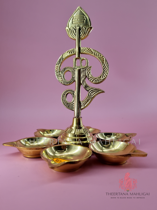 7 Inches Brass Arumuga 6-Face Om Vel Vilakku (Big Size) - Lord Murugan Deepam Oil Lamp