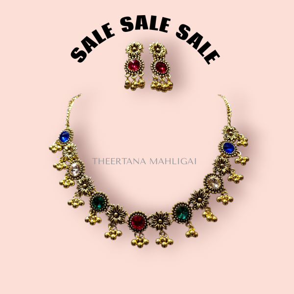 Anglo Indian Flower Multi Color Stone Chain + Earrings